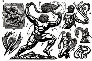 zeus conquering with a lightning bolt in his hand. art style in that of a greek marble statue tattoo idea