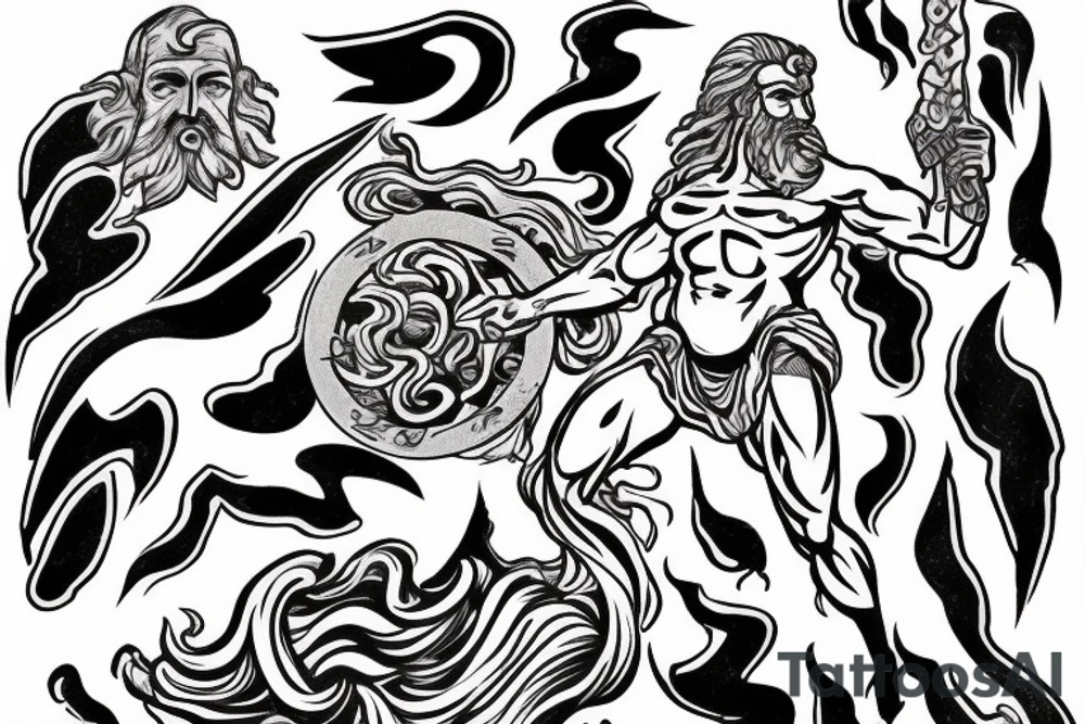 zeus conquering with a lightning bolt in his hand. art style in that of a greek marble statue tattoo idea