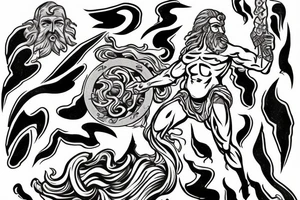 zeus conquering with a lightning bolt in his hand. art style in that of a greek marble statue tattoo idea