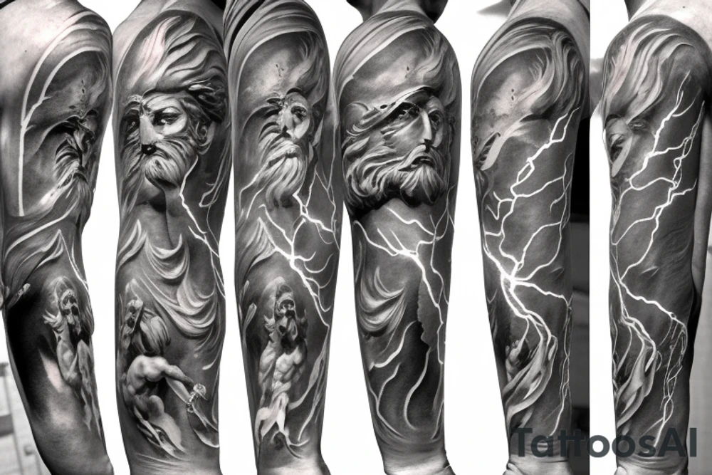 zeus conquering with a lightning bolt in his hand. art style in that of a greek marble statue tattoo idea