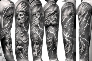 zeus conquering with a lightning bolt in his hand. art style in that of a greek marble statue tattoo idea