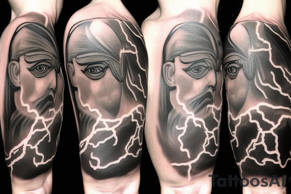 zeus conquering with a lightning bolt in his hand. art style in that of a greek marble statue tattoo idea