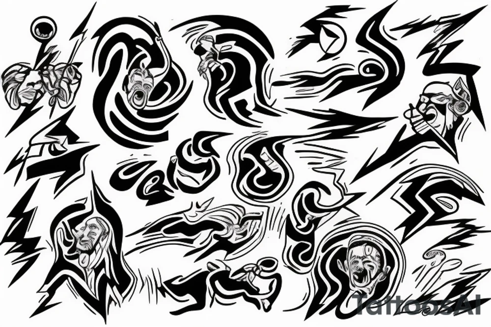 zeus conquering with a lightning bolt in his hand. art style in that of a greek marble statue tattoo idea