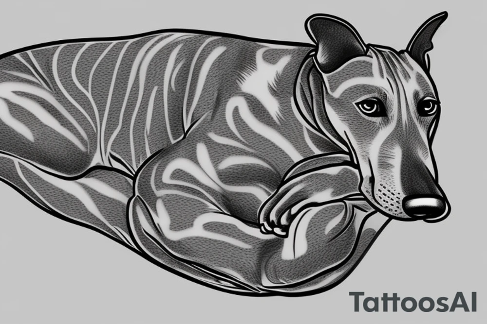 Female brindle greyhound, roaching on a dog bed. tattoo idea