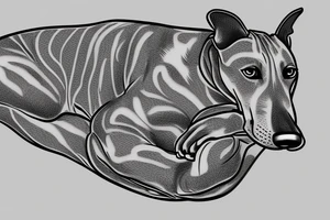 Female brindle greyhound, roaching on a dog bed. tattoo idea