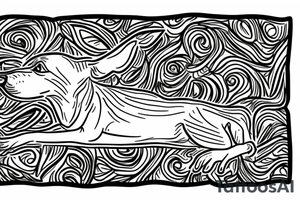 Female brindle greyhound, roaching on a dog bed. tattoo idea