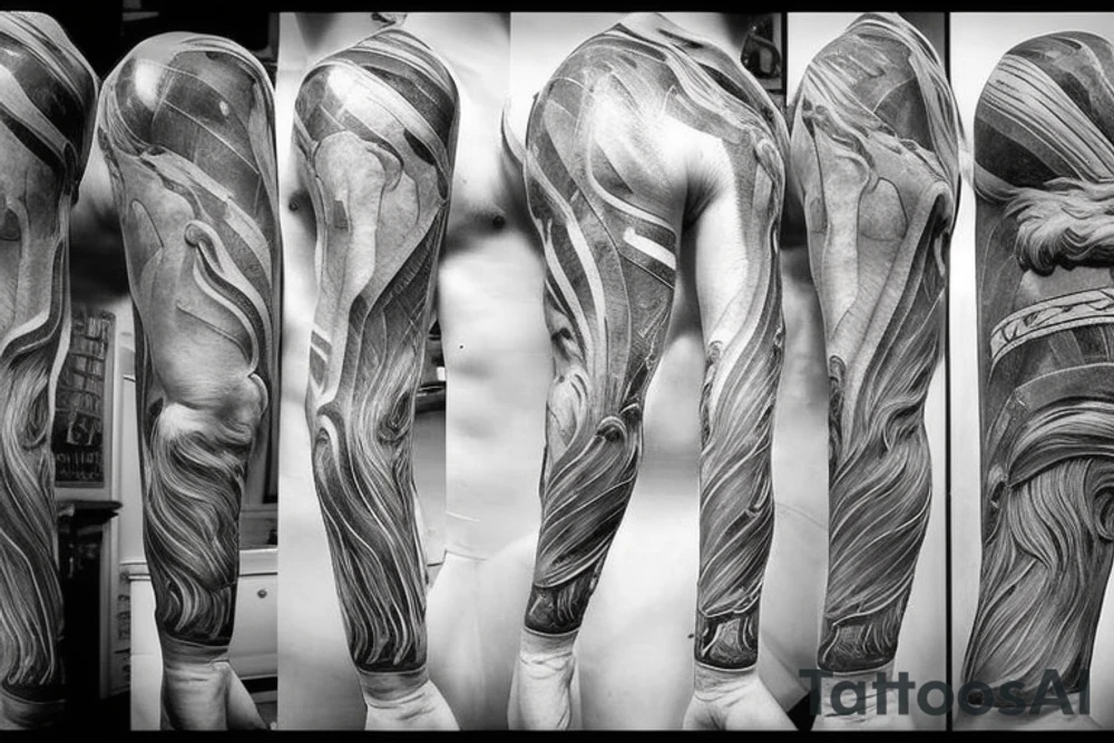 zeus conquering with a lightning bolt in his hand. art style in that of a greek marble statue tattoo idea