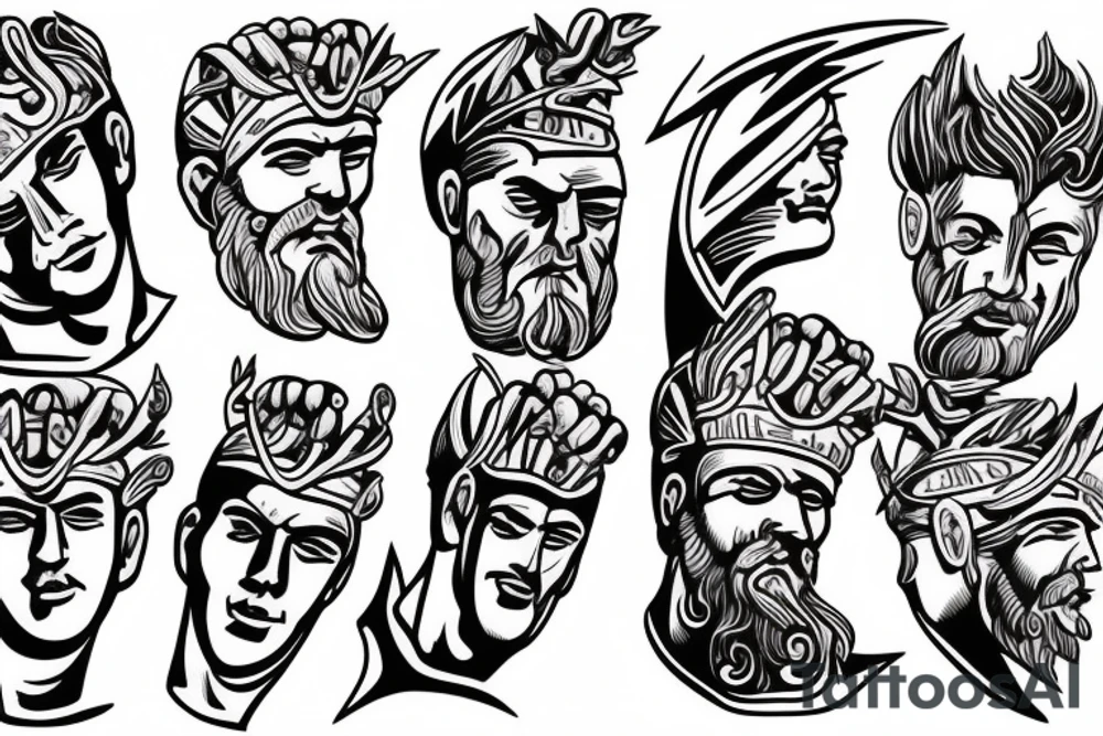 zeus conquering with a lightning bolt in his hand. art style in that of a greek marble statue tattoo idea