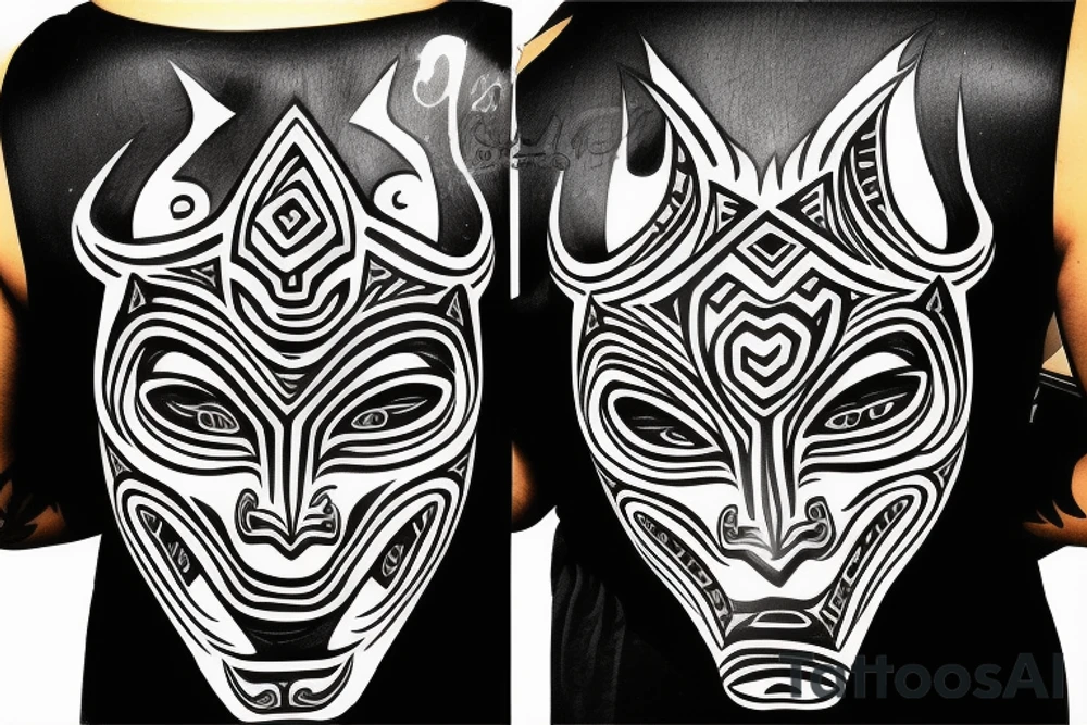 Oni mask with tribal signs for back tattoo idea