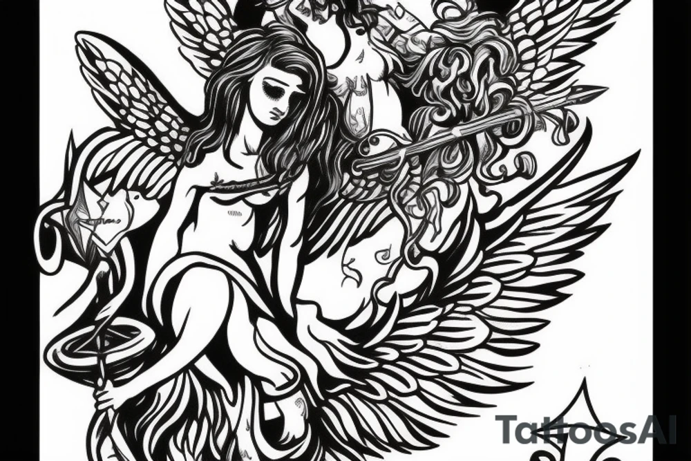 angel with trident and shepherd crook tattoo idea