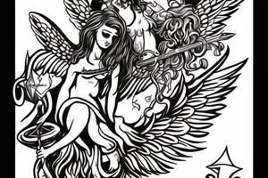 angel with trident and shepherd crook tattoo idea