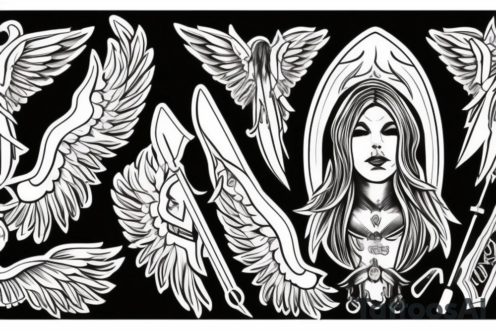 angel with trident and shepherd crook tattoo idea