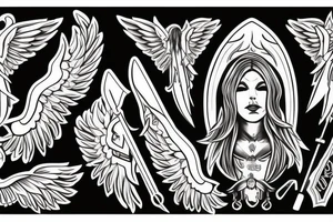 angel with trident and shepherd crook tattoo idea