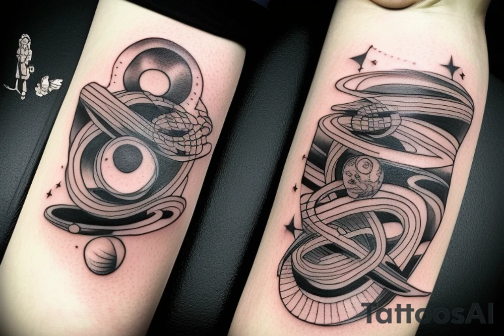 Full arm's tatoo with 2 Kings of 2 alien's races facing each other and behind them theyr respectivly planets tattoo idea