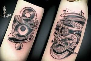 Full arm's tatoo with 2 Kings of 2 alien's races facing each other and behind them theyr respectivly planets tattoo idea