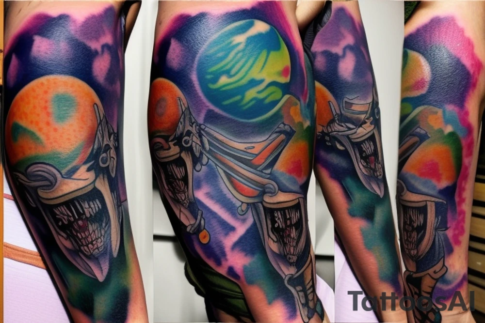 Full arm's tatoo with 2 Kings of 2 alien's races facing each other and behind them theyr respectivly planets tattoo idea