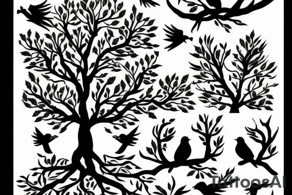 Tree with five birds tattoo idea