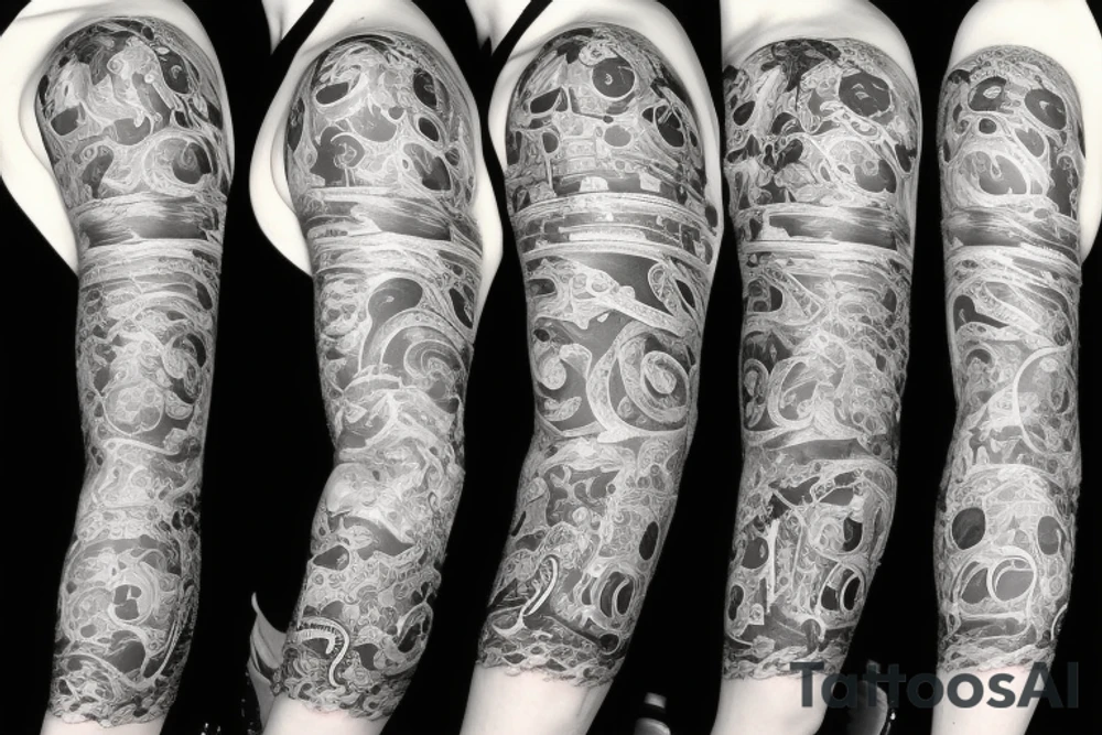 Tentacles around arm sleeve tattoo with ship an ocean tattoo idea