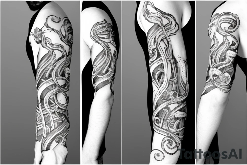 Tentacles around arm sleeve tattoo with ship an ocean tattoo idea Tentacles around arm sleeve tattoo with ship an ocean tattoo idea