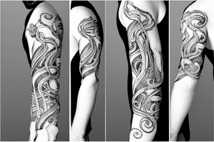 Tentacles around arm sleeve tattoo with ship an ocean tattoo idea