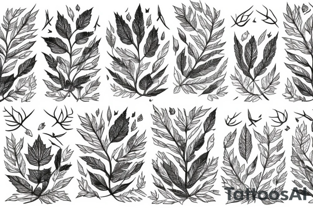 Maple leaves, deer, ducks, tress, mountains tattoo idea Maple leaves, deer, ducks, tress, mountains tattoo idea