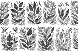 Maple leaves, deer, ducks, tress, mountains tattoo idea