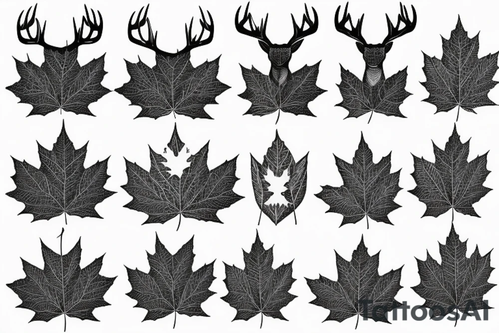 Maple leaves, deer, ducks, tress, mountains tattoo idea Maple leaves, deer, ducks, tress, mountains tattoo idea