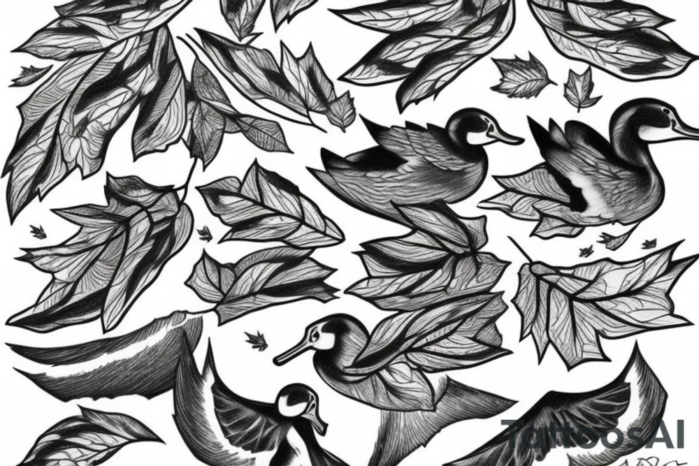 Maple leaveson a branch ducks flying spruce trees and snow mountains tattoo idea