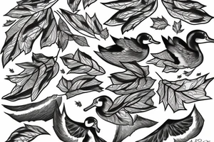 Maple leaveson a branch ducks flying spruce trees and snow mountains tattoo idea