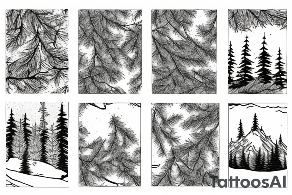 Maple leaveson a branch ducks flying spruce trees and snow mountains tattoo idea