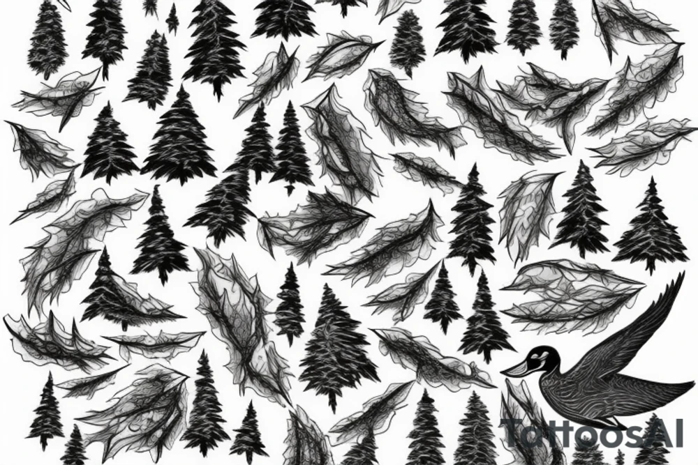 Maple leaveson a branch ducks flying spruce trees and snow mountains tattoo idea