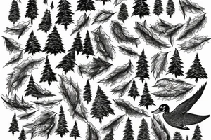 Maple leaveson a branch ducks flying spruce trees and snow mountains tattoo idea