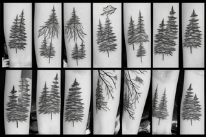 Maple leaveson a branch ducks flying spruce trees and snow mountains tattoo idea