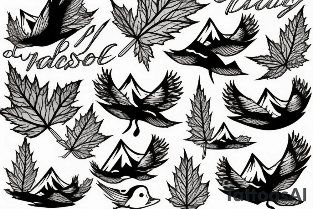 Maple leaveson a branch ducks flying spruce trees and snow mountains tattoo idea