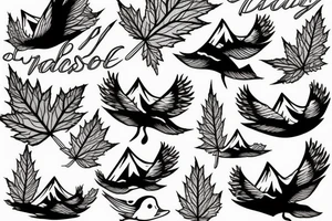 Maple leaveson a branch ducks flying spruce trees and snow mountains tattoo idea