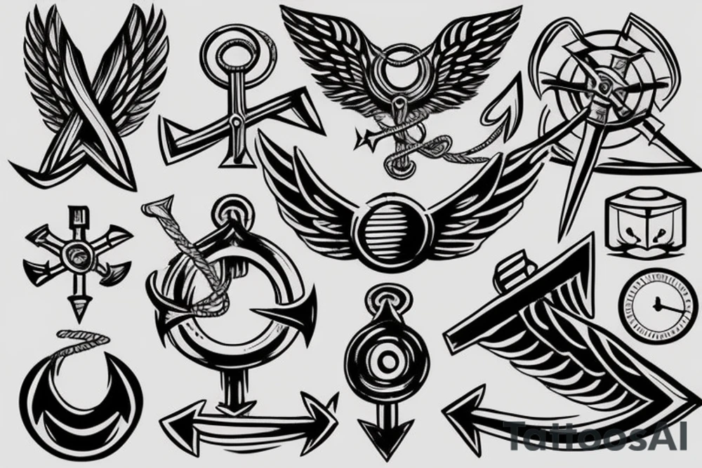Anchor, compass, arrow and wings tattoo idea
