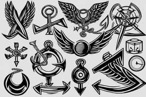 Anchor, compass, arrow and wings tattoo idea