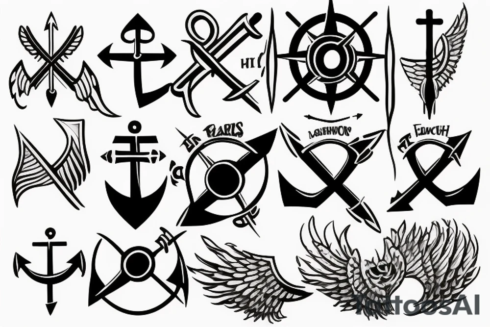 Anchor, compass, arrow and wings tattoo idea