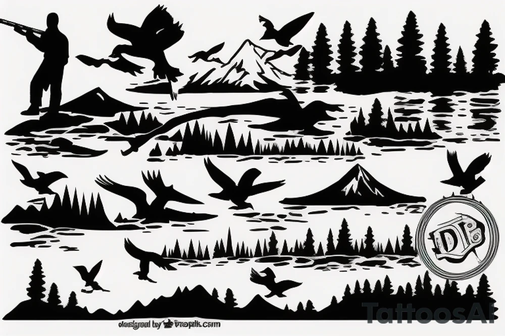 Silhouette of duck hunting with son with mountains and trees in back ground tattoo idea