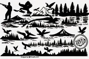 Silhouette of duck hunting with son with mountains and trees in back ground tattoo idea