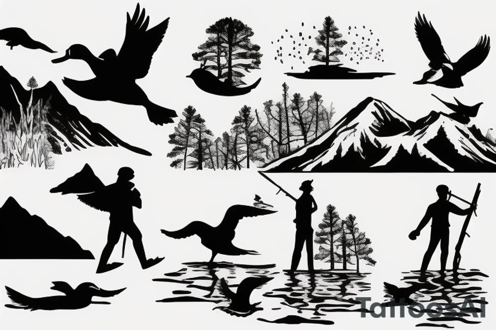 Silhouette of duck hunting with son with mountains and trees in back ground tattoo idea