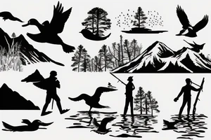 Silhouette of duck hunting with son with mountains and trees in back ground tattoo idea