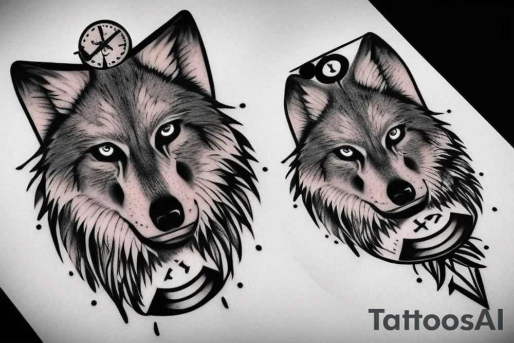 wolf head with a broken compass tattoo idea
