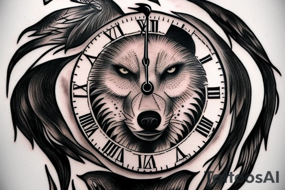 wolf head with a Rome clock tattoo idea