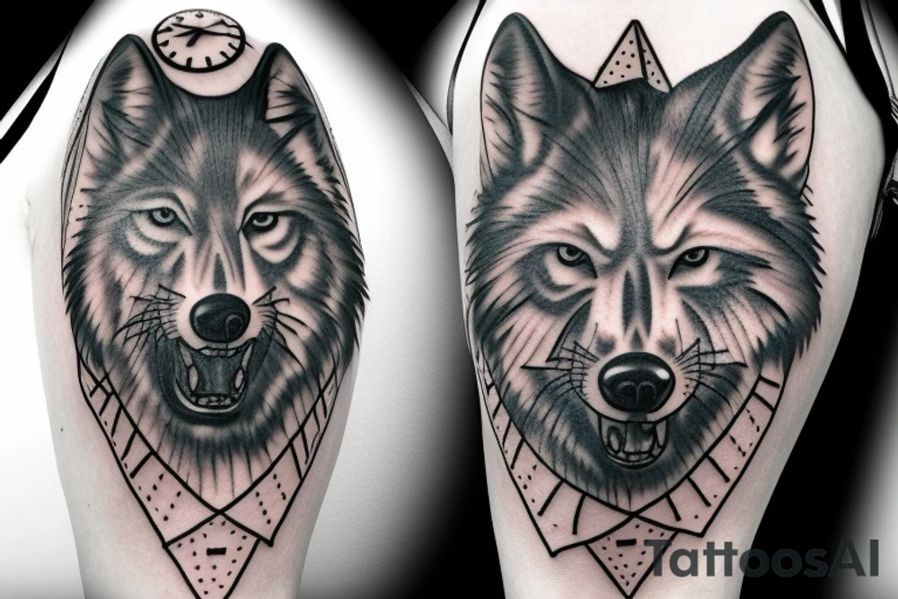 wolf head with a Rome clock tattoo idea