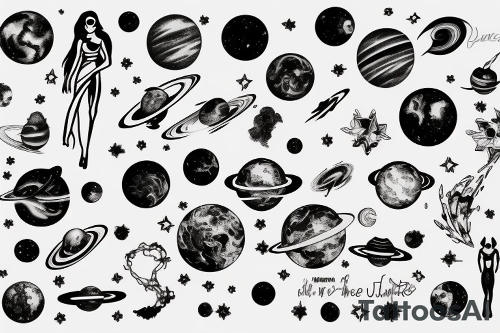 woman in the universe handling the planets tattoo idea