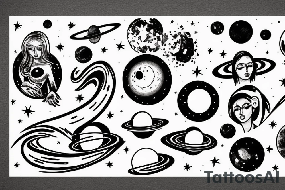 woman in the universe handling the planets tattoo idea