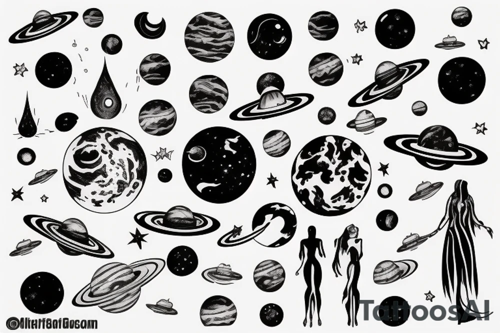 woman in the universe handling the planets tattoo idea