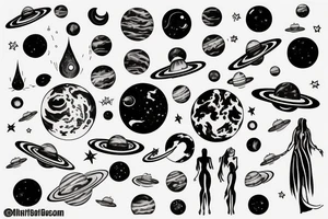 woman in the universe handling the planets tattoo idea