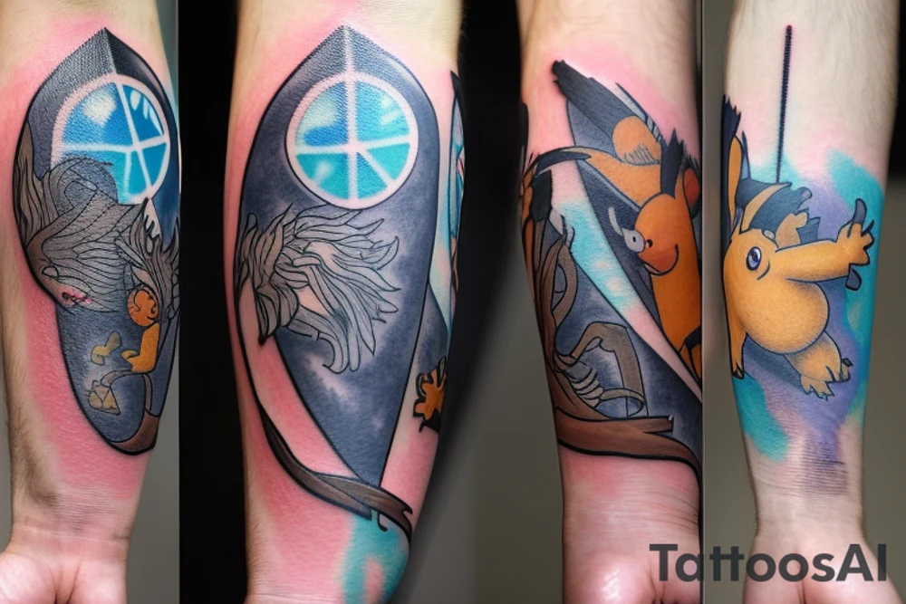A tattoo for the forearm with a patronus of a goat coming out of a magic wand in the shape of a star wars lightsaber whose handle contains the unique ring of the lord of the rings, the patronus is in a meadow where we observe the tails  of charmander squirtle bulbasaur and pikachu as well as a tree where the ax of Kratos is planted tattoo idea